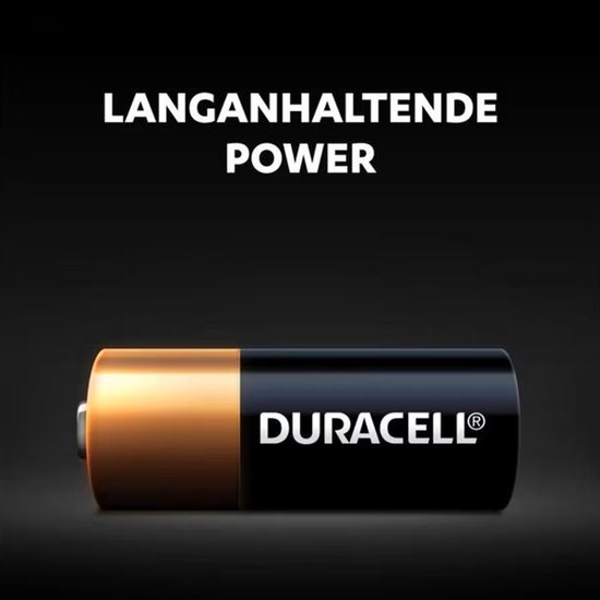 Duracell batterij op een donkere achtergrond, met de tekst "Lange houdbare power".
