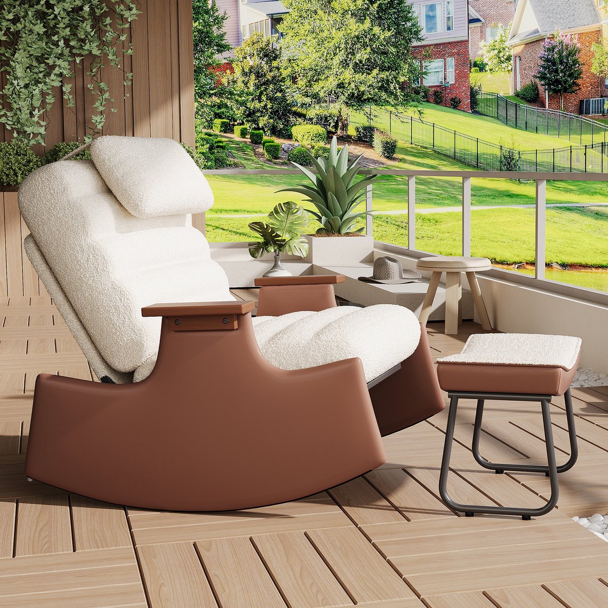 Schommelstoel met Hoofdsteun en Voetkruk, 3-traps Verstelbare Rugleuning (100°/140°/160°), Ergonomische Relax- en Verpleegstoel, voor Woonkamer, Slaapkamer en Kantoor, Beige Pluche