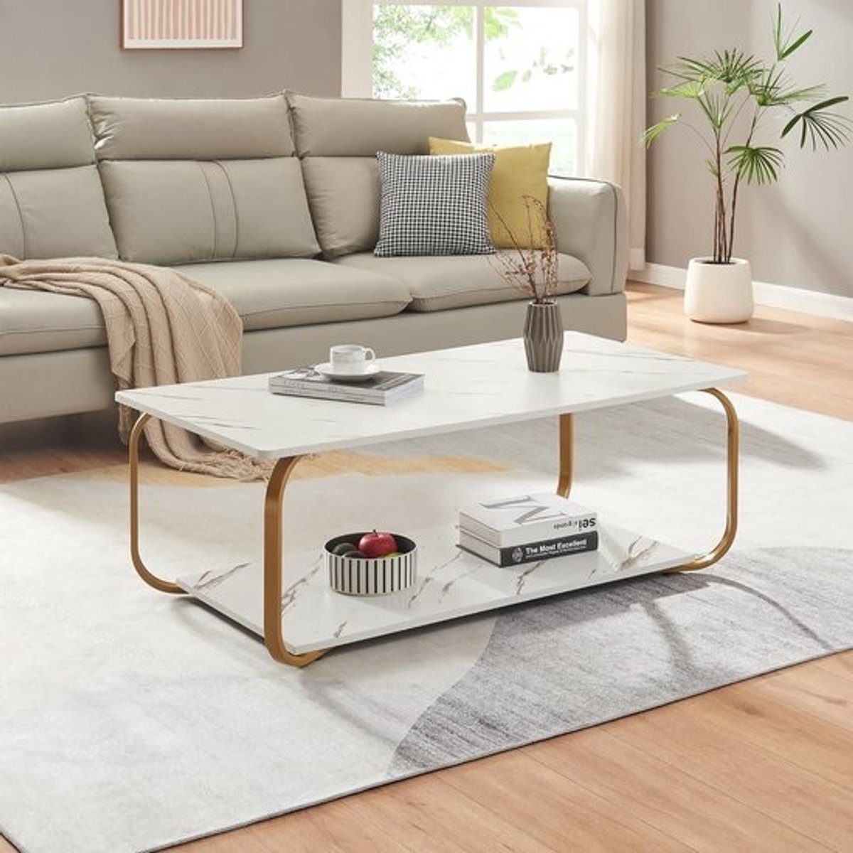 Rechthoekige Salontafel met Onderblad Marmerlook Wit en Gouden Frame 120x60 cm