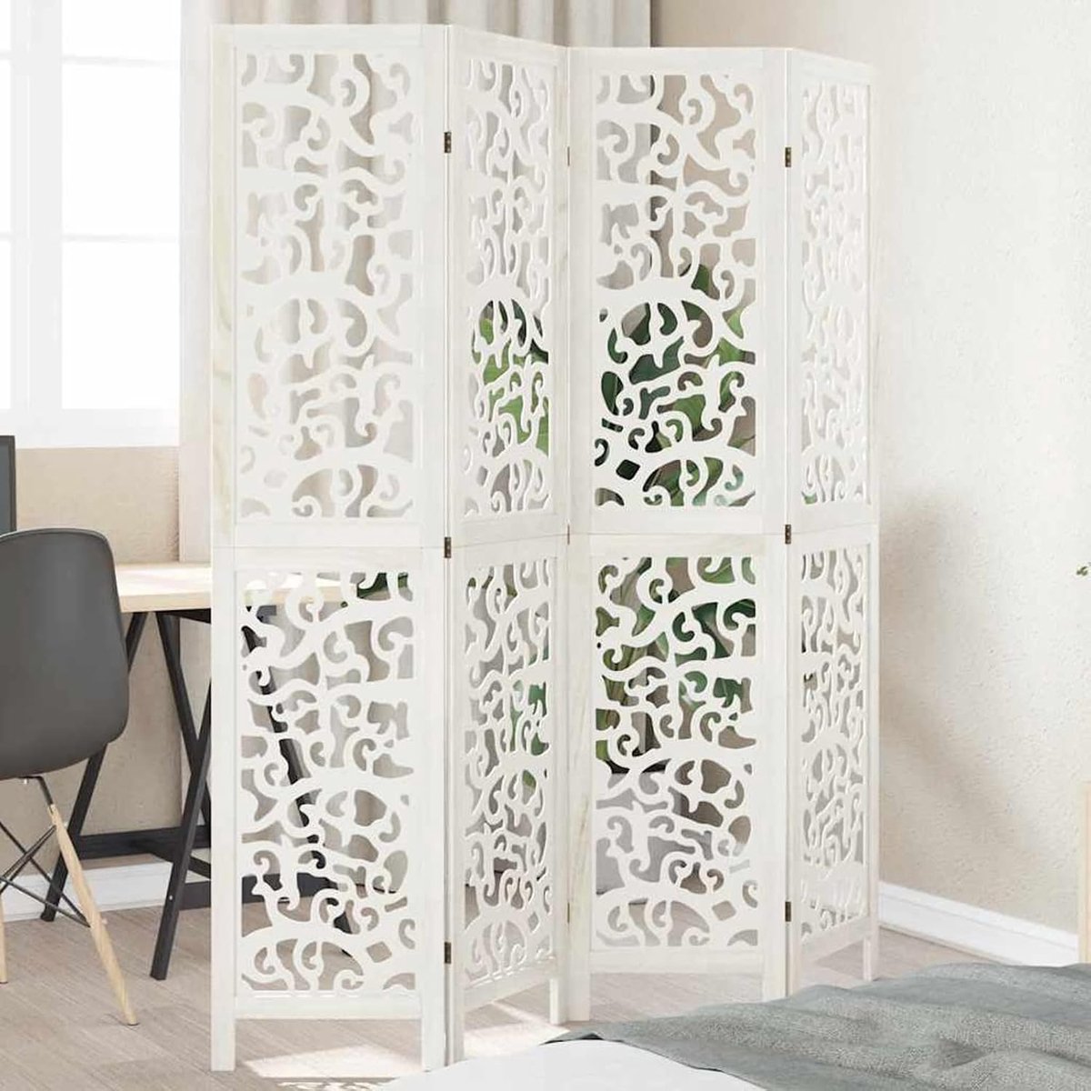 Ruimteverdeler Paulownia massief hout, wit, 140-145x180cm, voor woonkamer & kantoor 358738