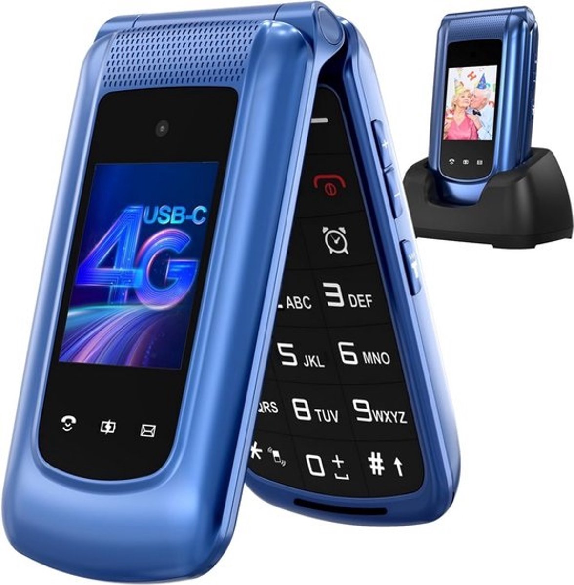4G Klaptelefoon voor Senioren met Grote Toetsen, SOS-knop en Laadstation