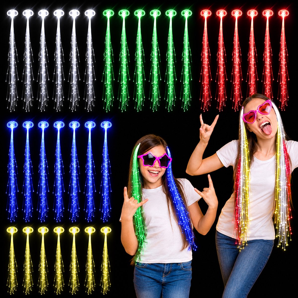 Set van 30 oplichtende LED-haarklemmen – LED-lichtbron – Decoratieve haarklemmen – Accessoires voor haarextensies – Oplichtende vlechten – Meerkleurig – Knipperend – Werkt op batterijen