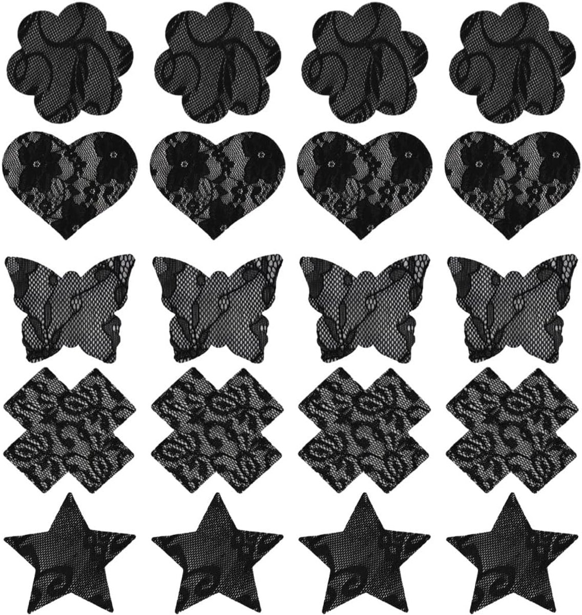 10 paar, zelfklevend, zwart, standaardmaat, hart, ster, bloemen, kruisvorm, glitterpasties voor rave en festivals