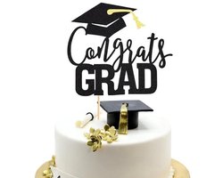Arthsdite 1 stuk Gefeliciteerd Grad Cake Topper, Klasse van 2024 Thema Graduation Party Decoraties voor University College High School Viering Feestbenodigdheden - Zwarte Glitter