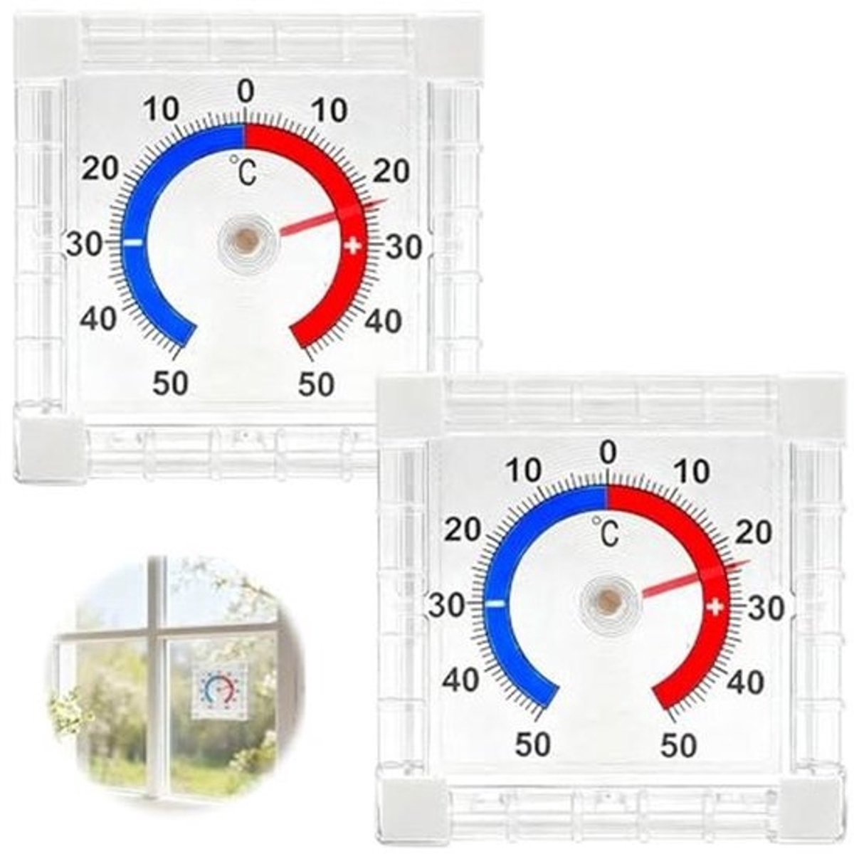 Set van 2 weerbestendige raamthermometers voor binnen en buiten, analoog, zelfklevend, thermometer tot + - 50 °C