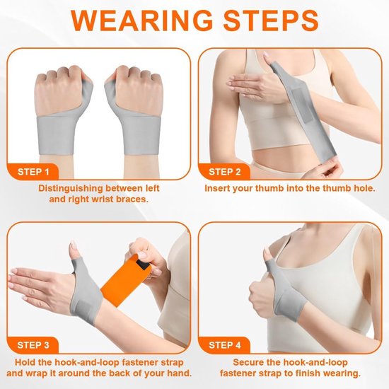 Pols- en duimsteun, 2 stuks duimsteun bracelaag, ademende en verstelbare duimcompressie mouwbeschermer voor sport, grijs oranje — afbeelding 5