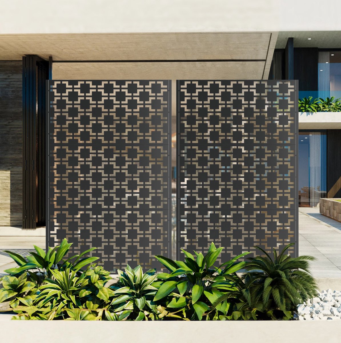 MEUNIQ Vrijstaand metalen privacyscherm 116 x 40 x 183 cm met stabiele voet, decoratief tuinscherm voor terras, balkon en tuin, zwart