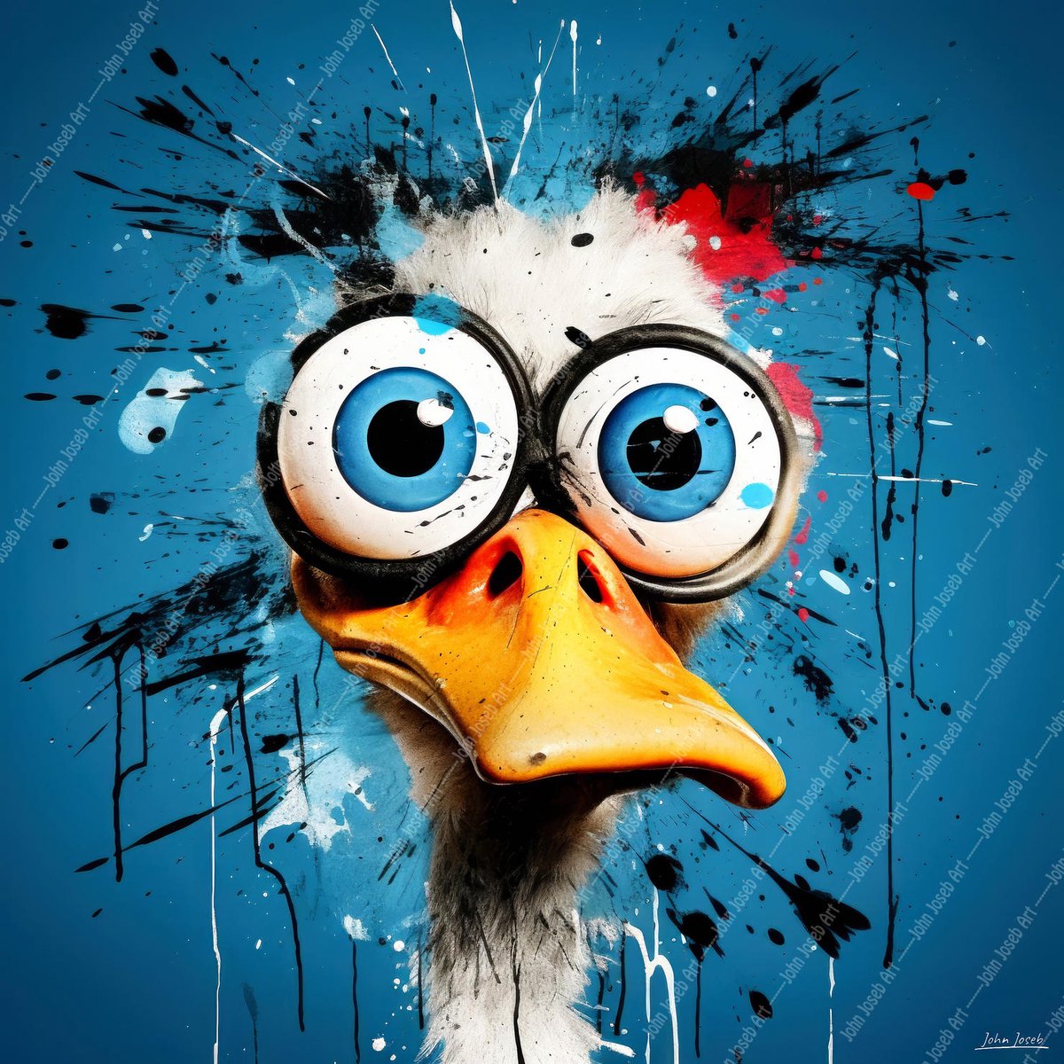 John Joseb Art (Aluminium) 100x100 | Eend, grappig, humor, grote bolle ogen, kleurrijk, kunst | dier, vogel, geel, blauw, rood, wit, vierkant, modern | foto-schilderij op dibond, metaal wanddecoratie