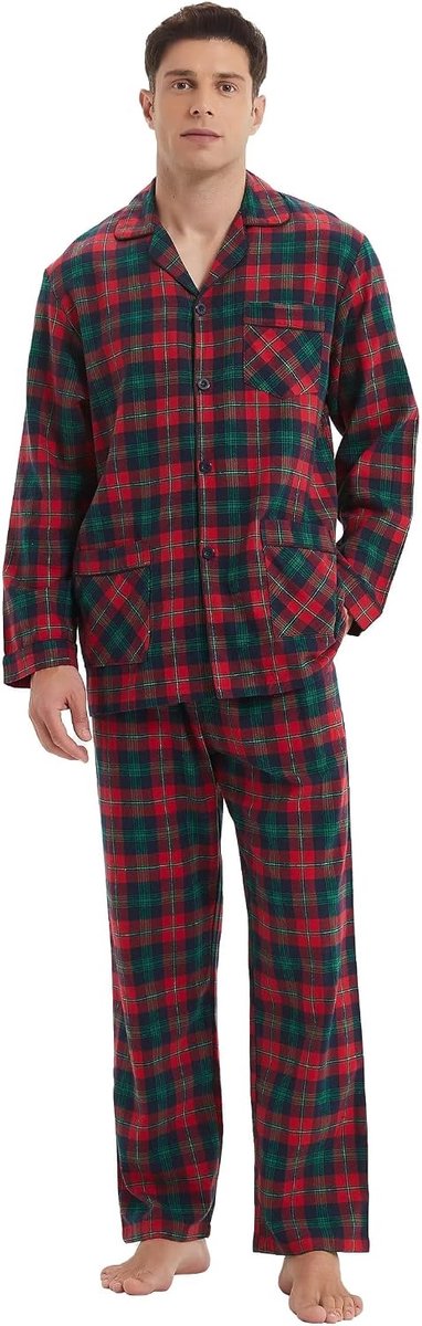 Pyjamaset voor heren van 100% katoenen flanel, geverfd garen, comfortabel, broek met zakken, tailleband met trekkoord, winterpyjama voor heren