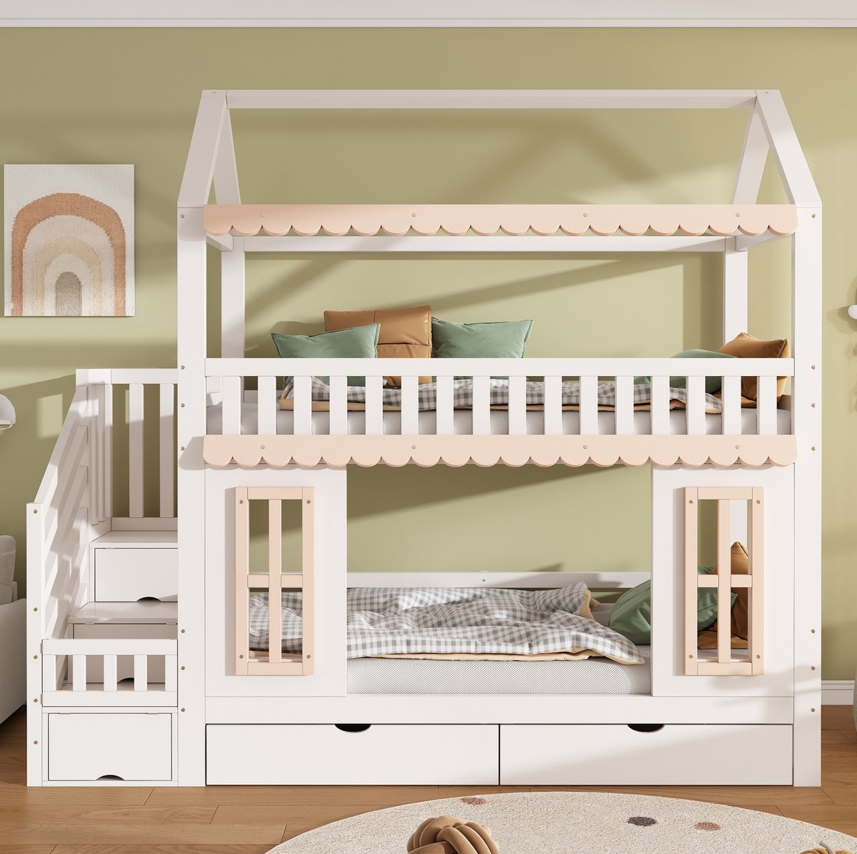 MEUNIQ Stapelbed kinderbed huisvorm 90x200 cm met trapkast, opbergvakken, 2 lades en uitvalbeveiliging voor kinderkamer - wit en naturel