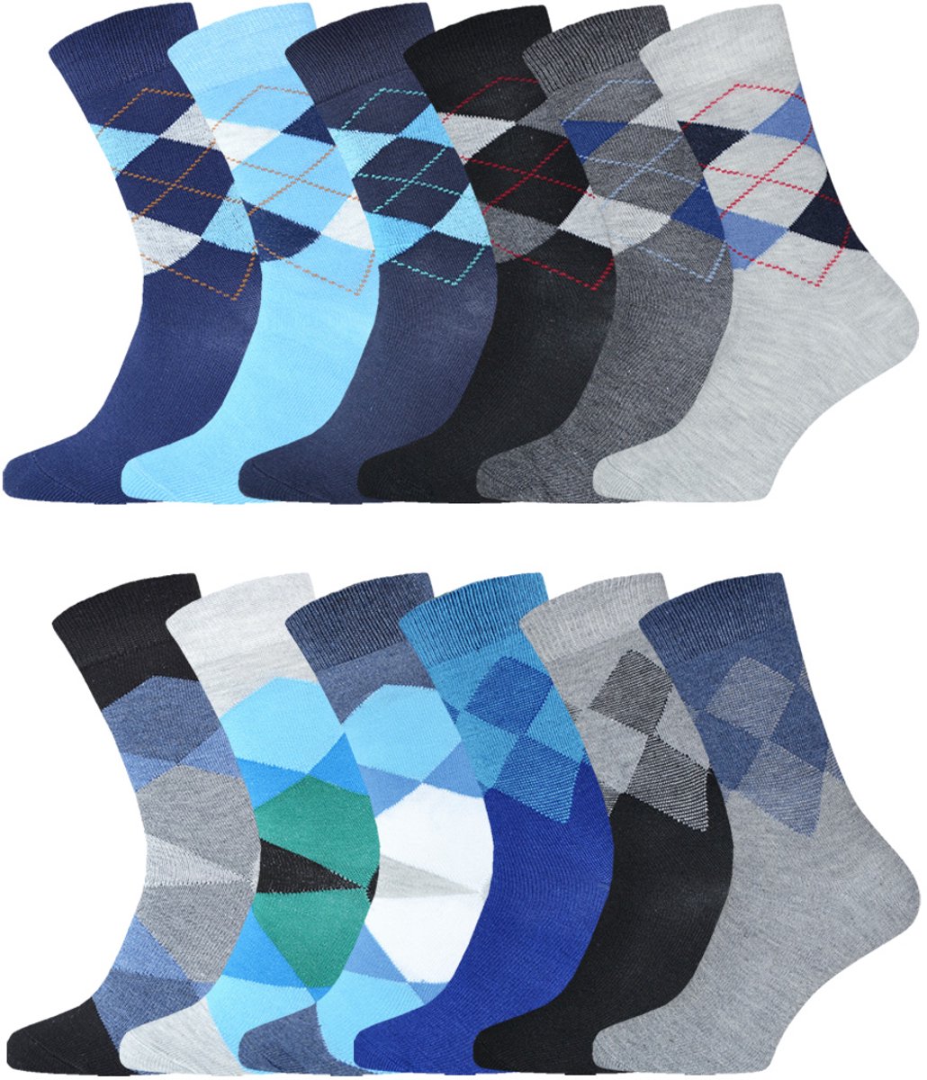 Geruite Herensokken | Voordeelpakket | Merk: Gianvaglia | Kleur: Grijs Blauw | Maat: 39-42/ 43-46 | 12 Paar
