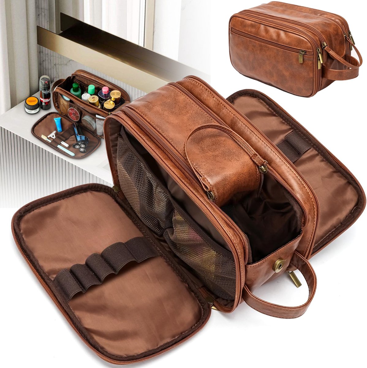 Toilettas - Organizer Tas Voor Persoonlijke Verzorgingsproducten - Waterbestendige Leren Make-Uptas - Toilettas Met 3 Compartimenten