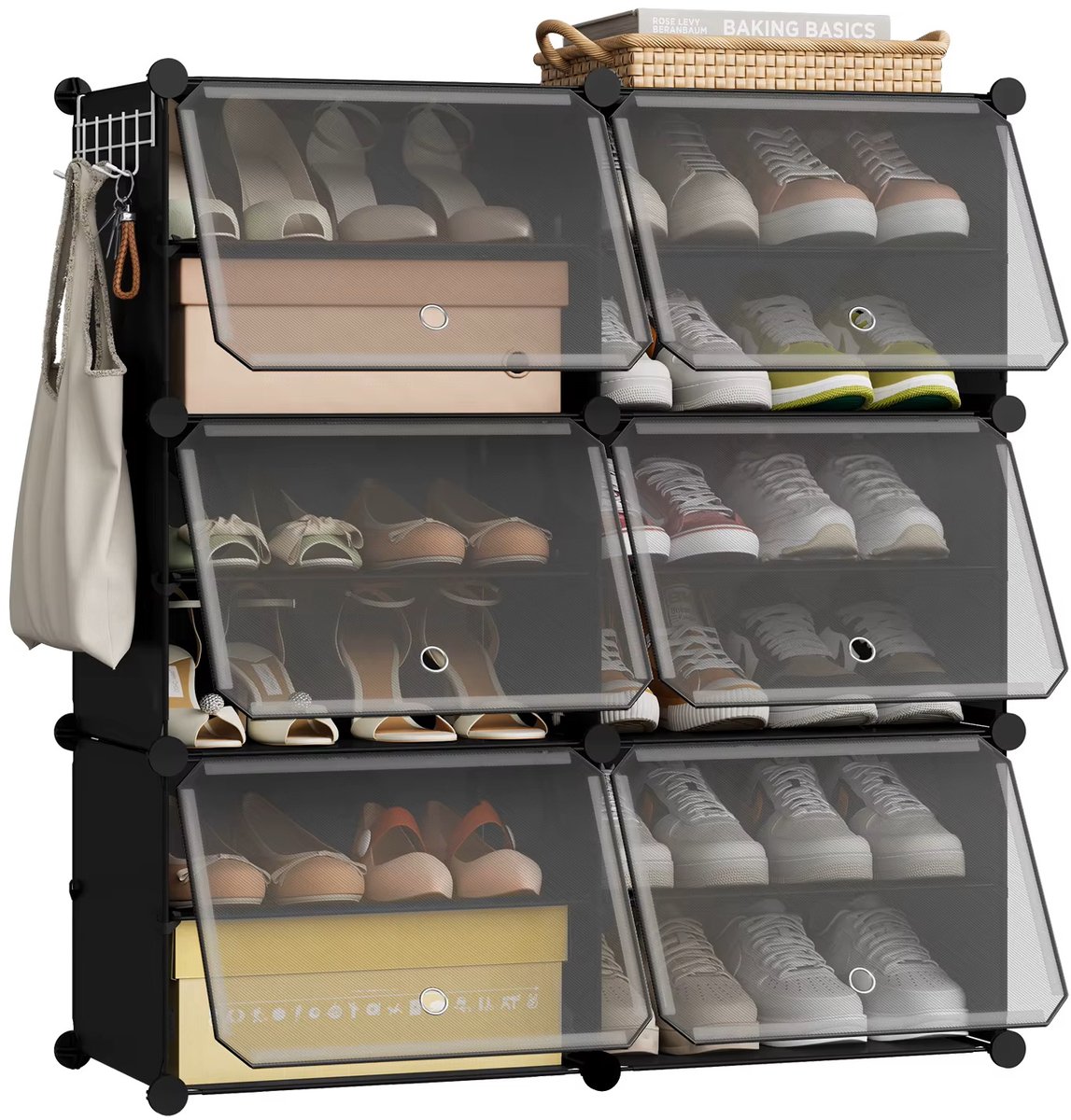 UrbanSelect Schoenenkast - Schoenendozen - Opvouwbaar - Handige Zijhaken - 6 Ruime Vakken - Metalen Frame - 80x30x90 - Zwart