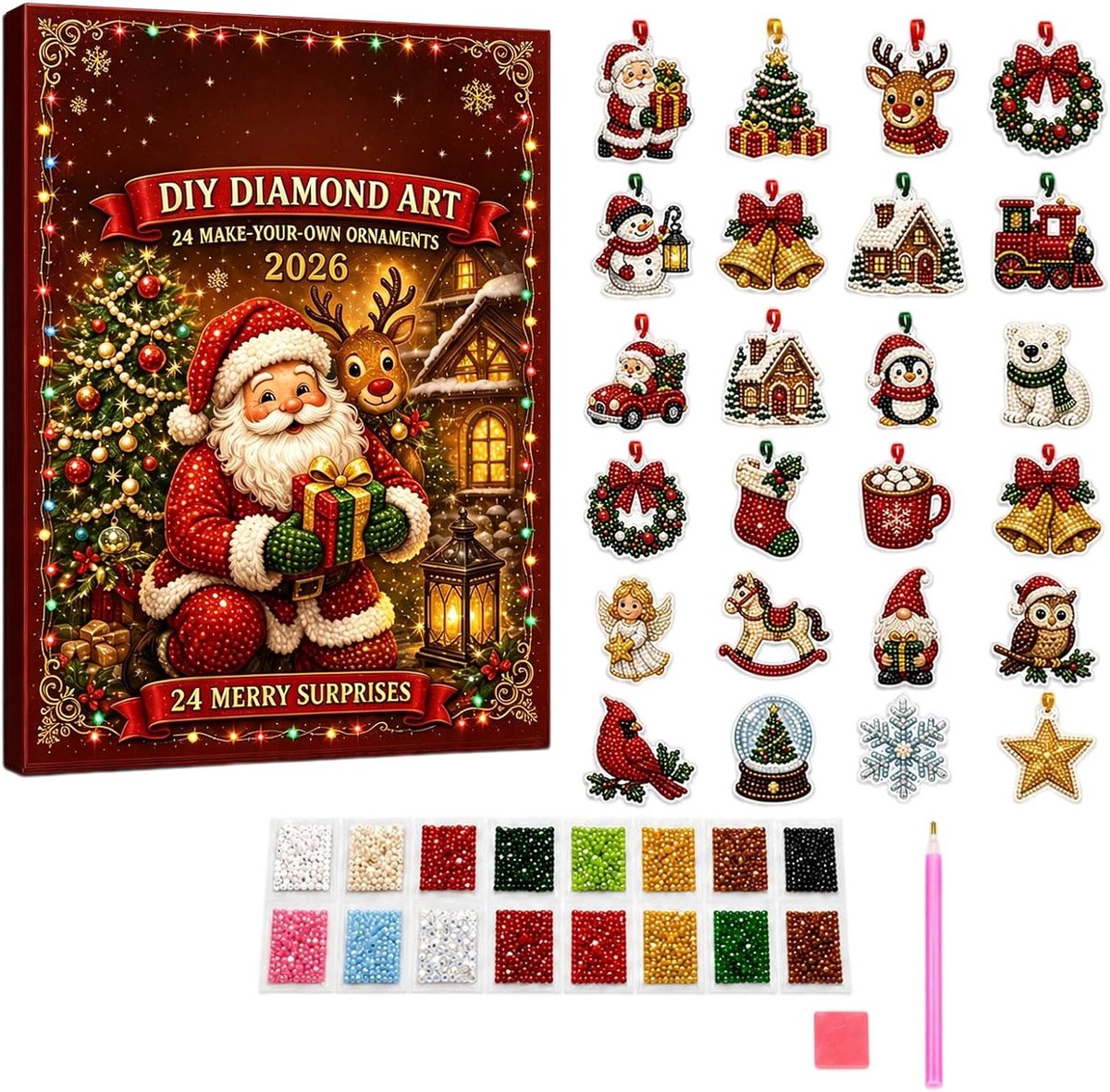 adventskalender 2026 - 24 vakken - meerdere kleuren - acryl materiaal - afmeting 26*18*2.6 cm - diy diamant schilderij kerst hangornamenten set - geschikt voor kerstfeest en handwerk activiteit voor meisjes en gezinnen binnenshuis