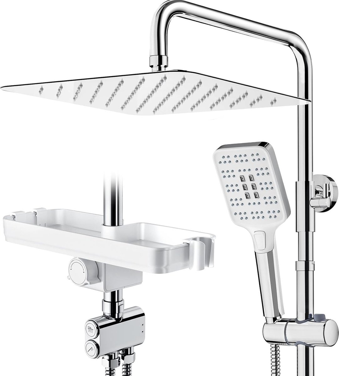 Douchesysteem met plank, chroom, 30 x 30 cm, vierkant, regendouche en 3 straalsoorten, douchekop, met omvormer van messing, douchezuil, doucheset voor douche zonder armatuur
