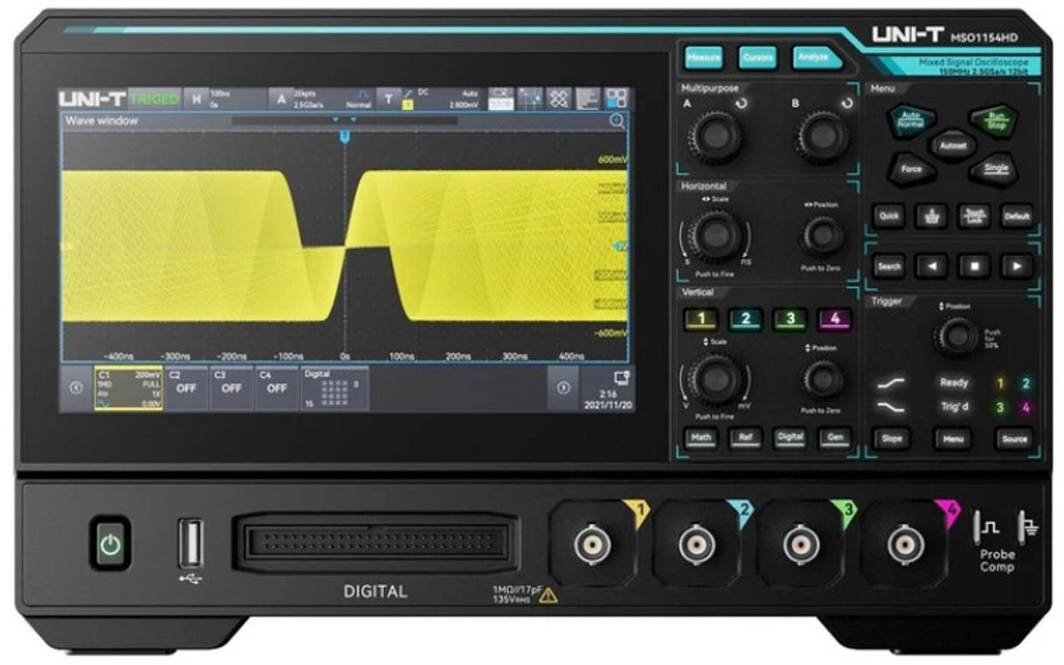 High-resolution oscilloscoop MSO, 4+16 kanalen, 12 bit, 150MHz, 2,5GSa/s, 100Mpts, 0,2M wfms/s, 7" touchscreen, UNI-T