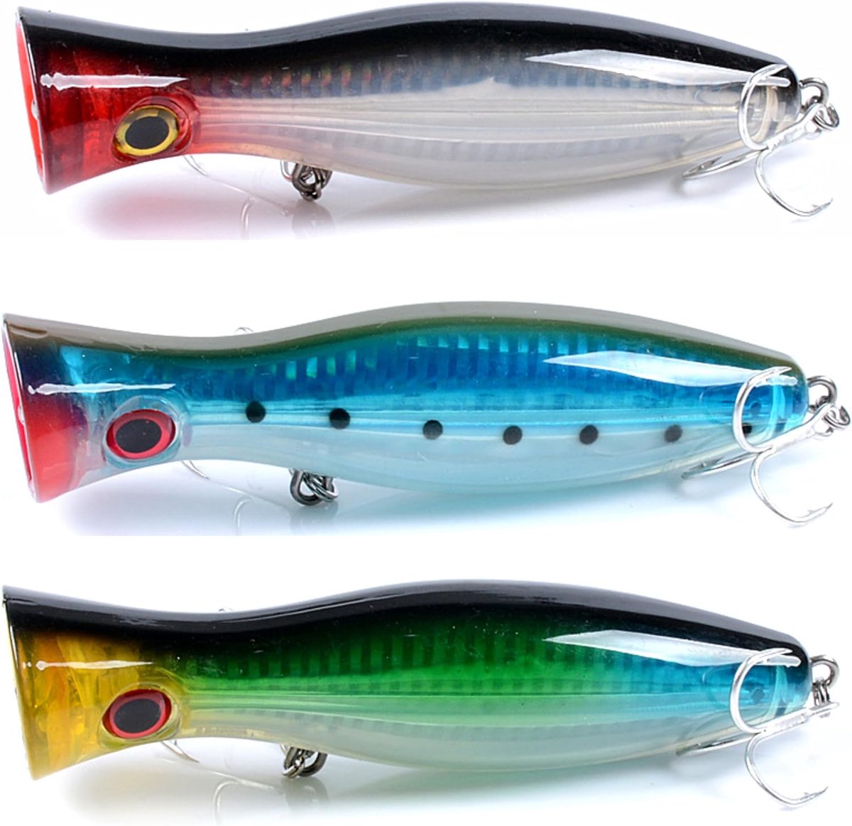 Deze 3-delige set harde poppers is ideaal voor het vissen in zout water en bestaat uit grote poppers die ver geworpen kunnen worden en geschikt zijn voor baars, zalm, forel, snoekbaars, rode snapper en andere vissoorten. (Prijs: 38)