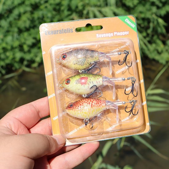 Propellervormig bubbelkunstaas, oppervlaktekunstaas voor baars, snoekbaars en forel. Drijvend potloodvormig kunstaas voor baars met bijbehorende opbergdoos. — afbeelding 2