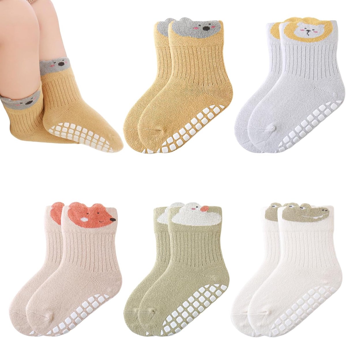 Sokken voor kinderen, 5 paar, katoen, antislip, voor meisjes en jongens, cartoondieren, voor 0-5 jaar