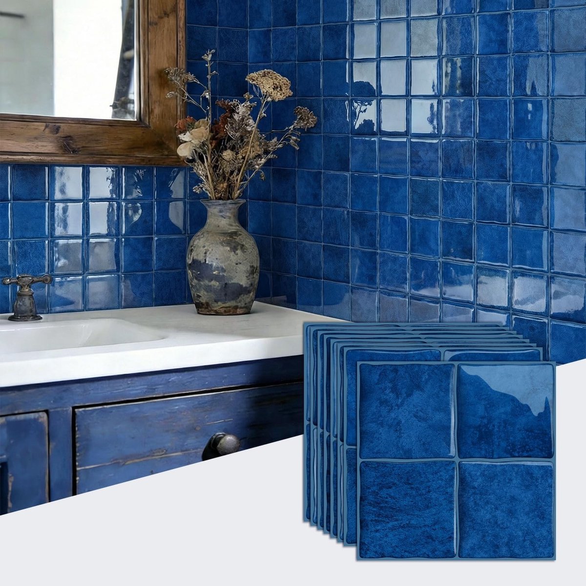Zelfklevende 3D Wandtegel Stickers, Waterproof, Muurdecoratie voor Keuken en Badkamer, Retro Blauw, 15 x 15 cm, Set van 10, Eenvoudig aan te brengen
