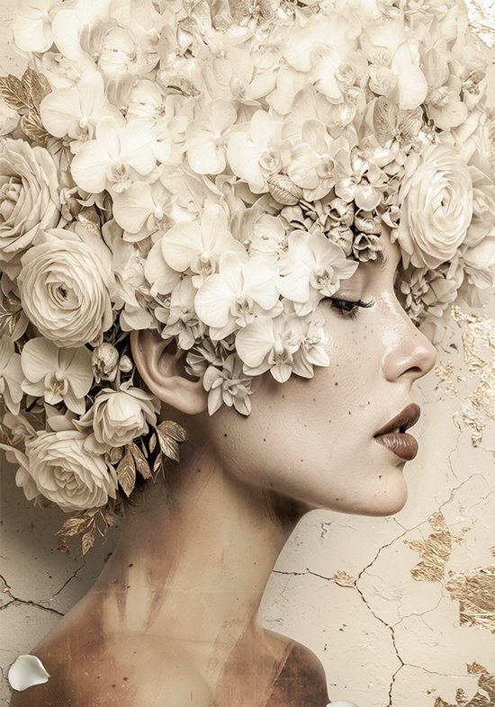 Close-up profiel van een vrouw, met oogschaduw van bloemen en een weelderige bloemenhoofdtooi.