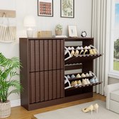 UEV Schoenenkast met 4 Deuren – Donkerbruin Houten Design – Smalle Kast voor Hal