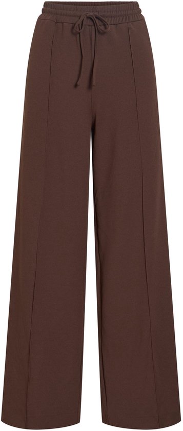 Bruine wijde broek met trekkoord, elastische tailleband en naden.