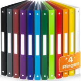 Set van 12 A4-ringmappen in verschillende kleuren: zwart, grijs, bordeaux, paars, blauw, cyaan, groen, geel, oranje, rood, en wit. Een oranje label met '4 Ringen' is rechtsonder toegevoegd.