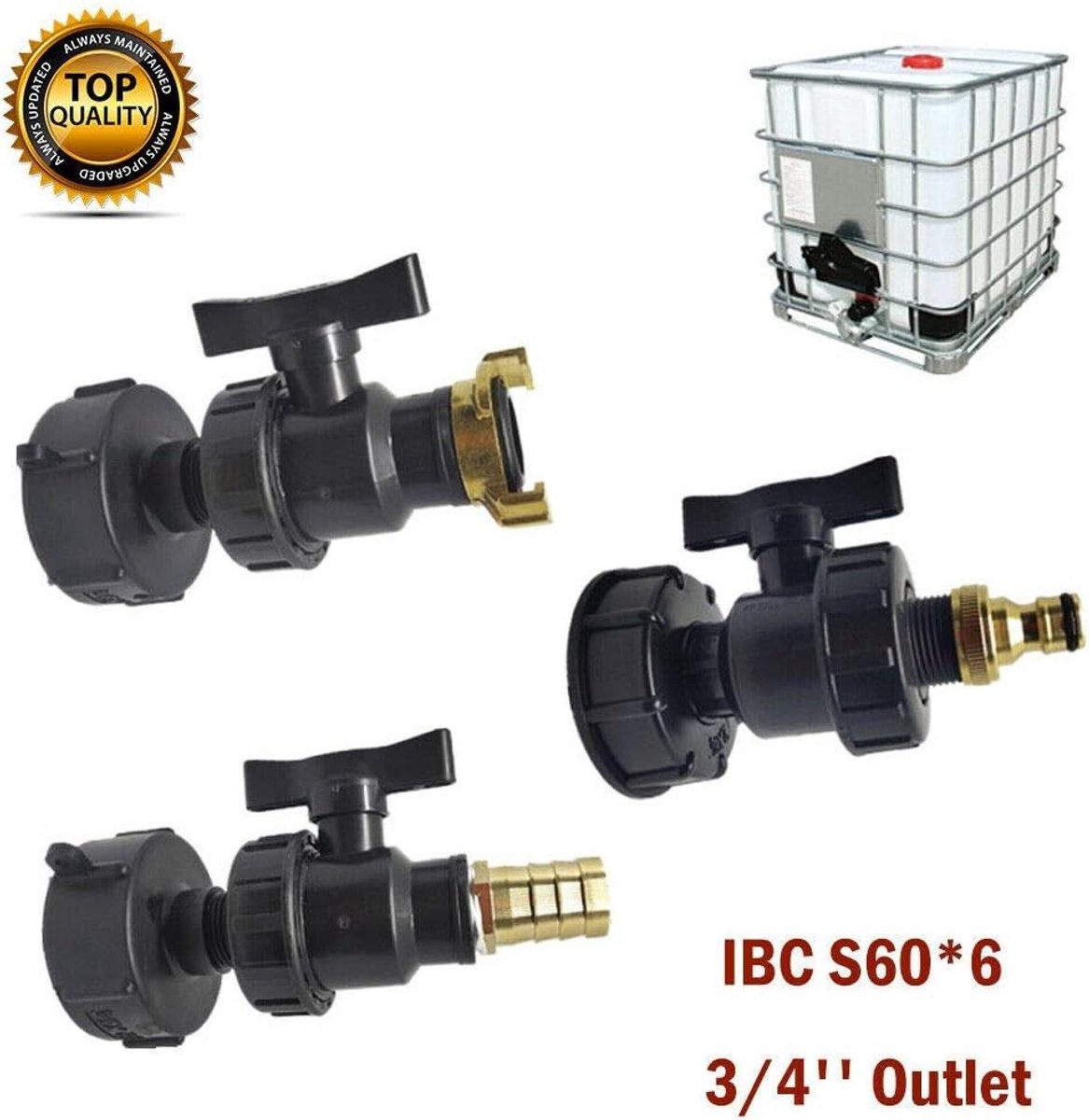 IBC S60X6 Tank Fittings - Wateraansluitingen voor Slanguitgang, Inclusief Ventiel en Koppeling 1.8cm