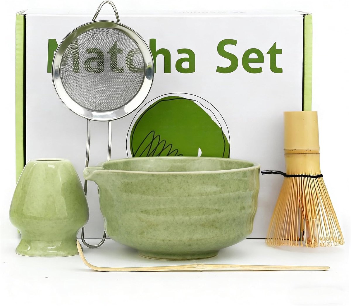 Theeset 5 stuks, ceremoniële matcha-kit met bamboe garde, keramische kom, houder, schep en roestvrijstalen zeef, ideaal voor Matcha Latte, beginners en theeliefhebbers (groen)