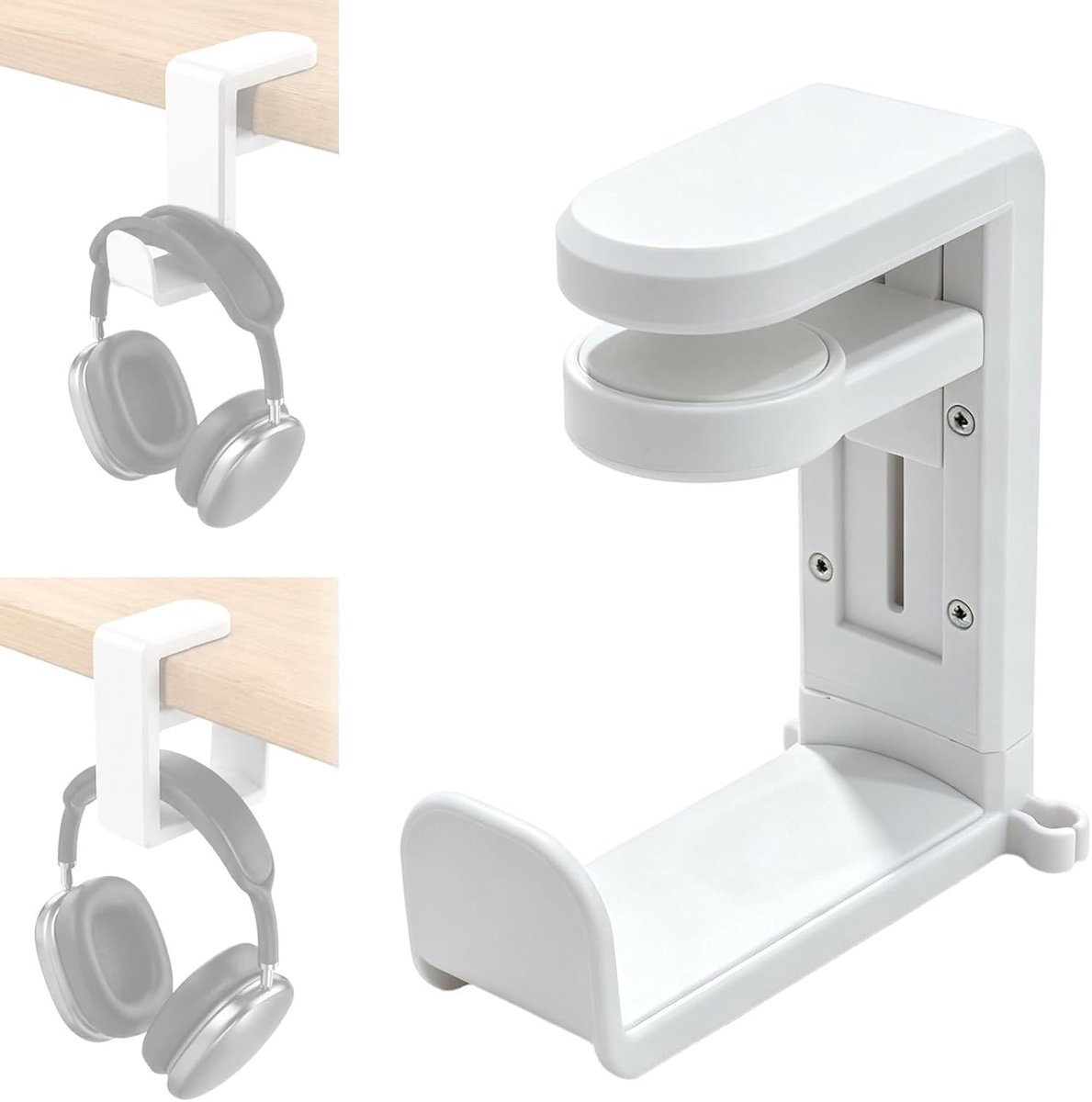 Ondersteunde hoofdtelefoonhouder in het wit voor onder tafel of bureau, organiser en opslagaccessoires voor kabels en accessoires.