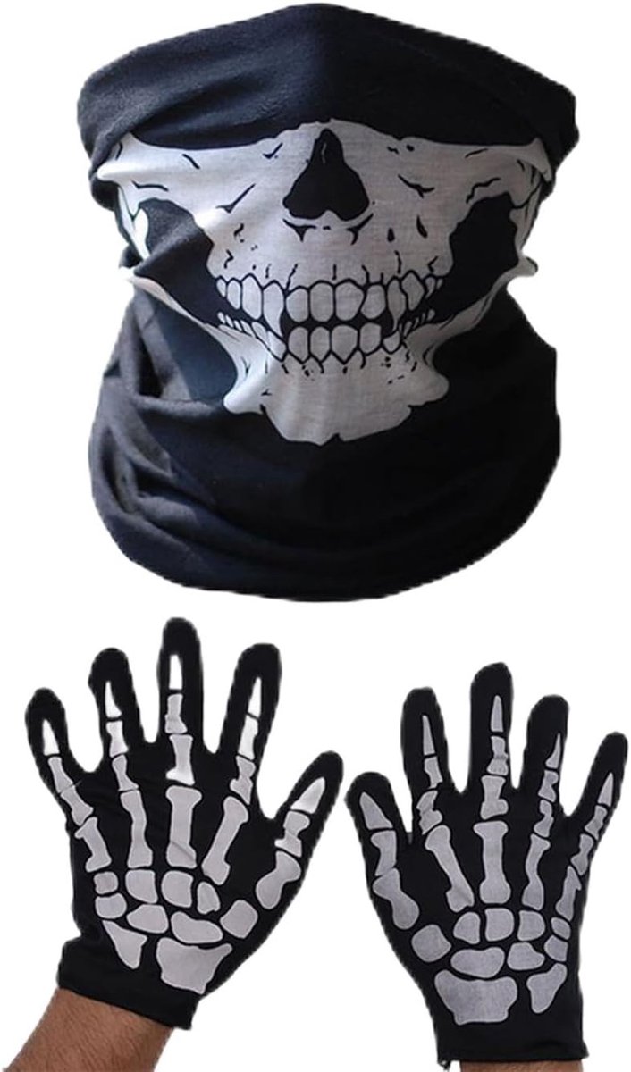 Halloween masker - Zwart, Wit - 1 x 1 x 1 cm - Skelet Handschoenen en Gezichtsmasker van Stof - Voor Halloween en Verkleedfeest