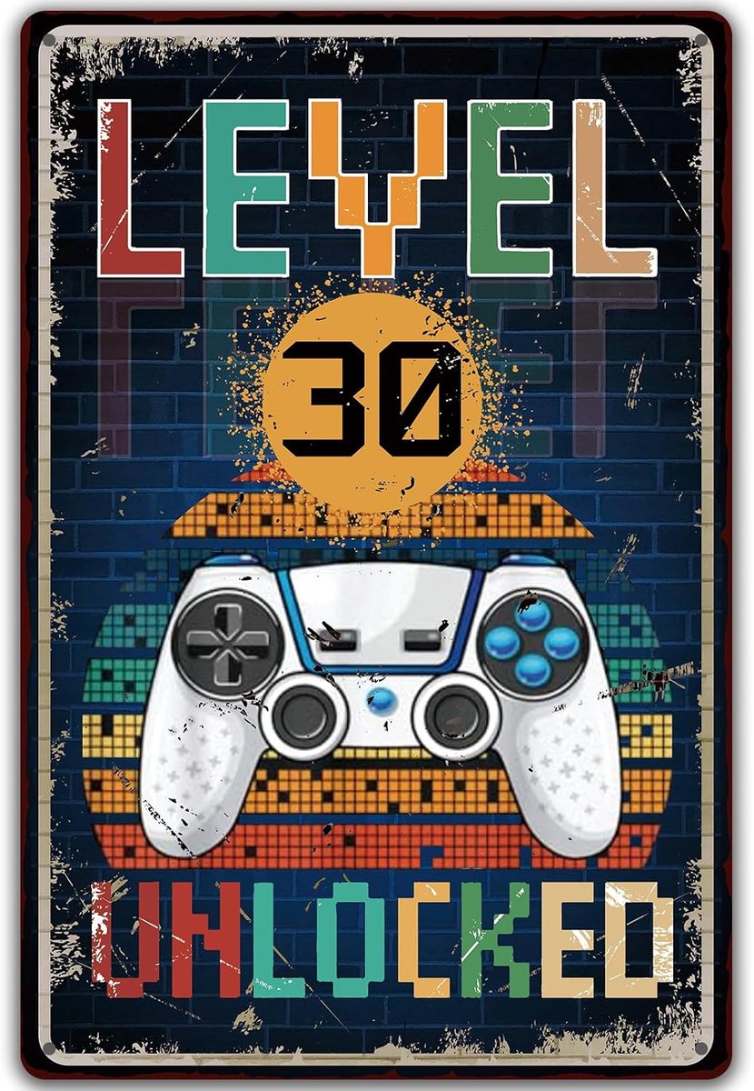 Metalen bord 30e verjaardag man vrouw, SCHILD niveau 30 UNLOCKED, geschenken voor de 30e verjaardag man grappig verjaardagsbord 30, Gamer verjaardagskaart 30 vintage metalen bord 20 x 30 cm