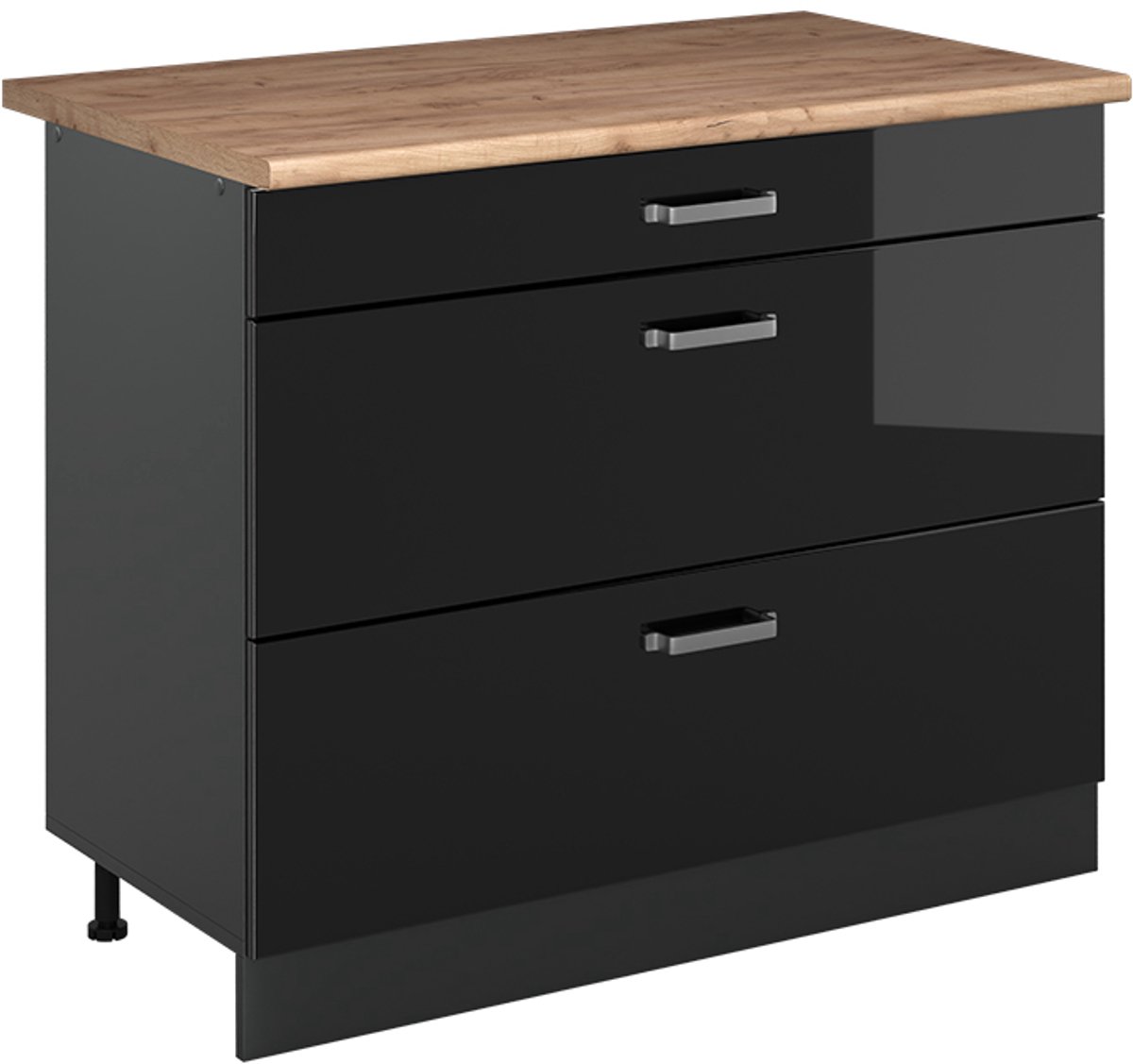 Vicco Keukenonderkast R-Line, Zwart hoogglans/Antraciet, 100 cm goudkleurig eiken werkblad