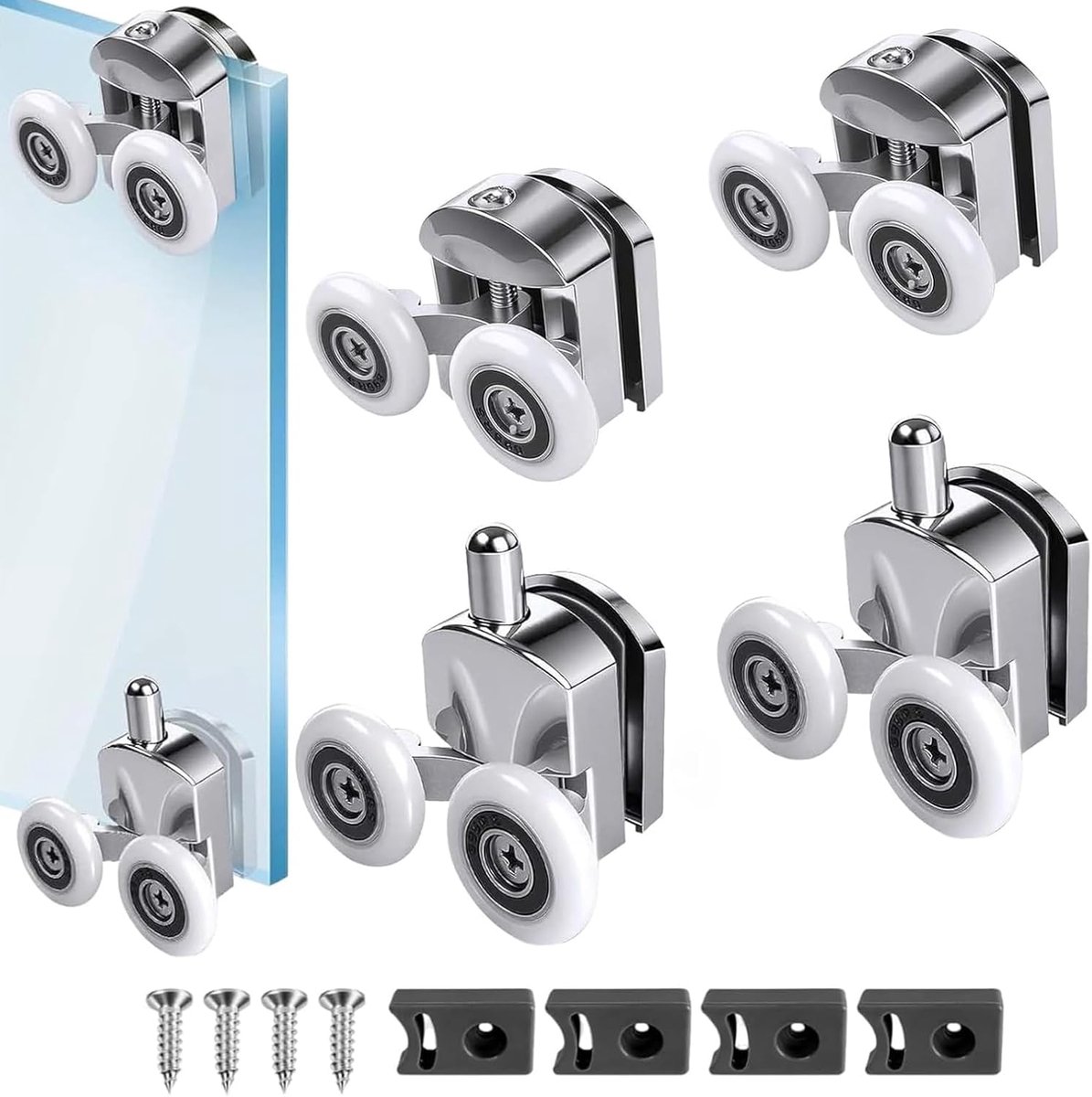 Set van 4 douchedeurrollen, 23 mm, douchecabine wielen van aluminiumlegering, dubbele wielen boven en onder voor glazen schuifdeuren, hoogwaardig reserveonderdeel voor badkamer douchecabines