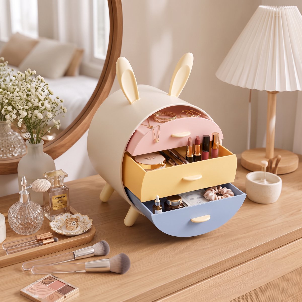 INDECOR Make-up Organizer met 3 Lades – Skincare Organizer – Beauty & Parfum Organizer – Opbergbox Make-up – Opbergdoos Cosmetica – Voor Badkamer & Make-up Tafel – Sieraden Organizer – Konijnenoren – Pastel