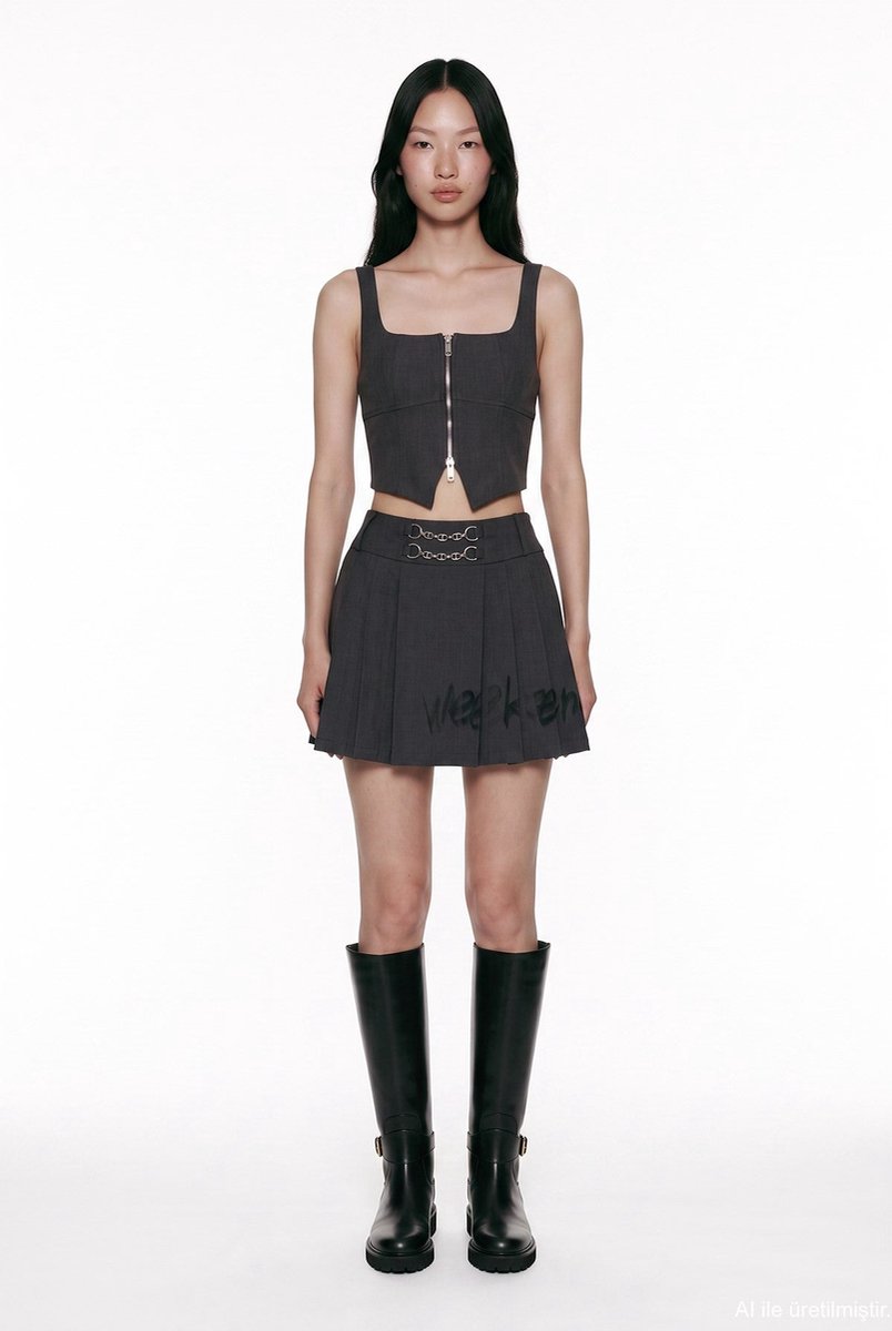 Van Verla - Geplooide minirok met tekstprint Dames - Elastische taille - Grijs - Maat L