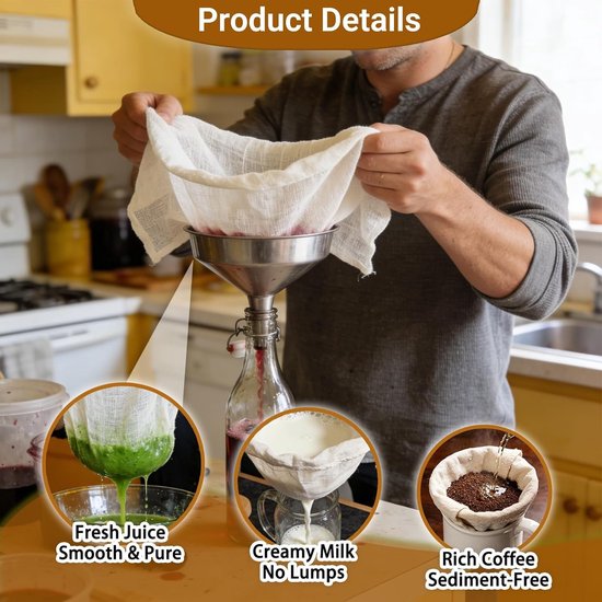 Herbruikbare Filterdoeken voor de Keuken – Kaasdoek, Yoghurtdoek, Groentensapdoek – Ongebleekt Katoen, Perfect voor Zelfgemaakte Kaas, Yoghurt en Sap (50x50cm & 60x60cm) — afbeelding 2