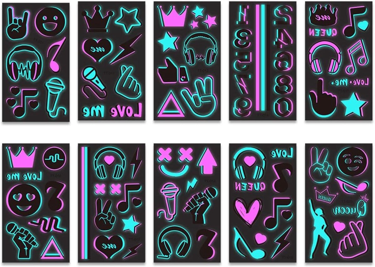 Tijdelijke tatoeages, feesttatoeages, helder, veilig en eenvoudig te bedienen, tijdelijke neontatoeages, muzieknoten, blacklight tattoos, uv-B