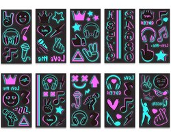 Tijdelijke tatoeages, feesttatoeages, helder, veilig en eenvoudig te bedienen, tijdelijke neontatoeages, muzieknoten, blacklight tattoos, uv-B