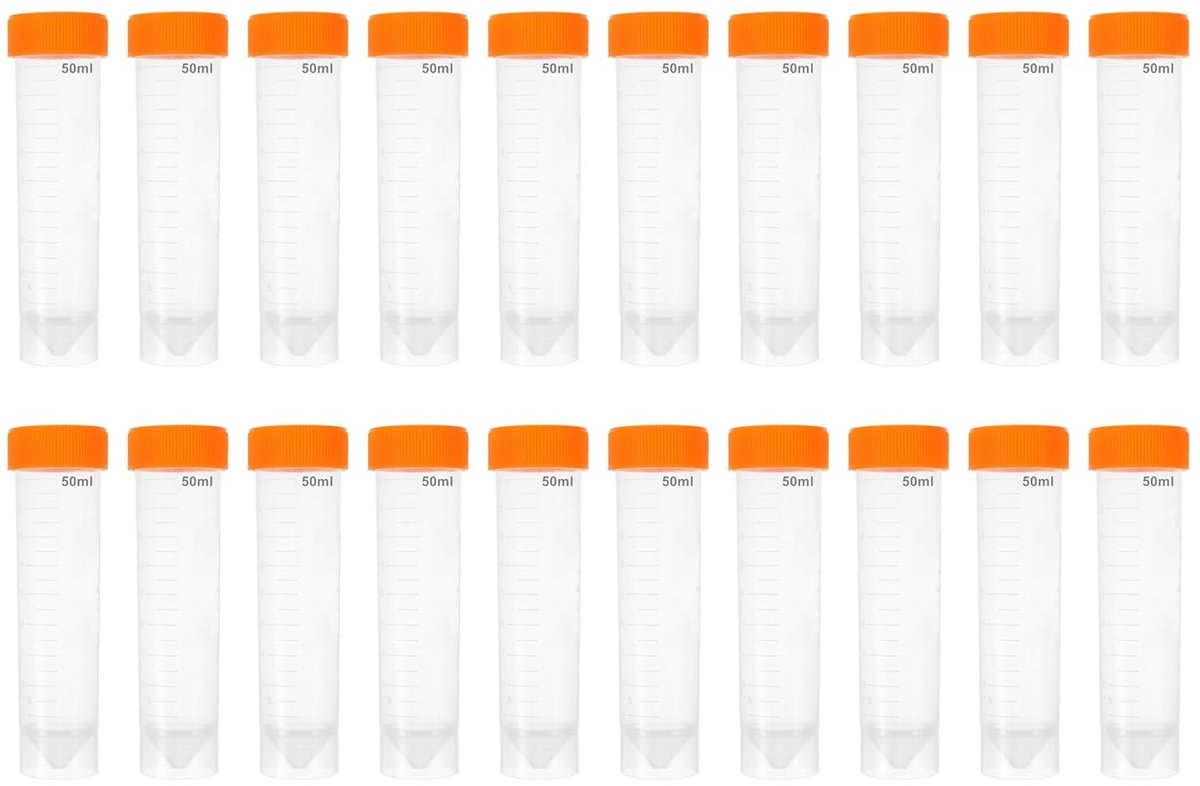 Pack van 20 transparante 50ml testbuizen met oranje deksel voor chemische experimenten, laboratoriumgebruik en monsteropslag