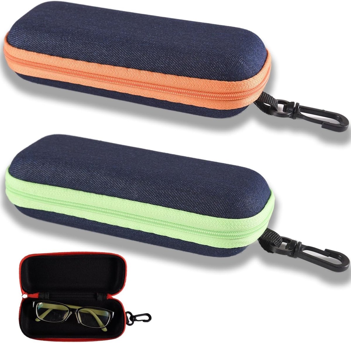 2 Stuks Draagbare Denim Brilhoes, Mode Denim Stof, Rits Brilhoes voor Dames, Beschermende Hardcase voor Zonnebrillen en Optische Brillen (Rood, Zwart)