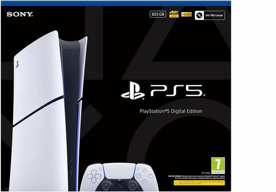 Sony PlayStation 5 Digital Edition console, wit en zwart, met witte DualSense controller.