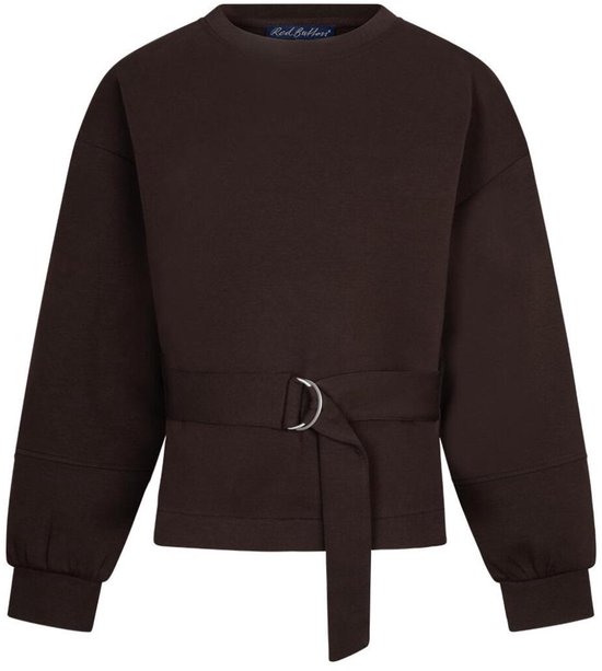 Donkerbruine sweater met lange mouwen, ceintuur met gesp en strikdetail.