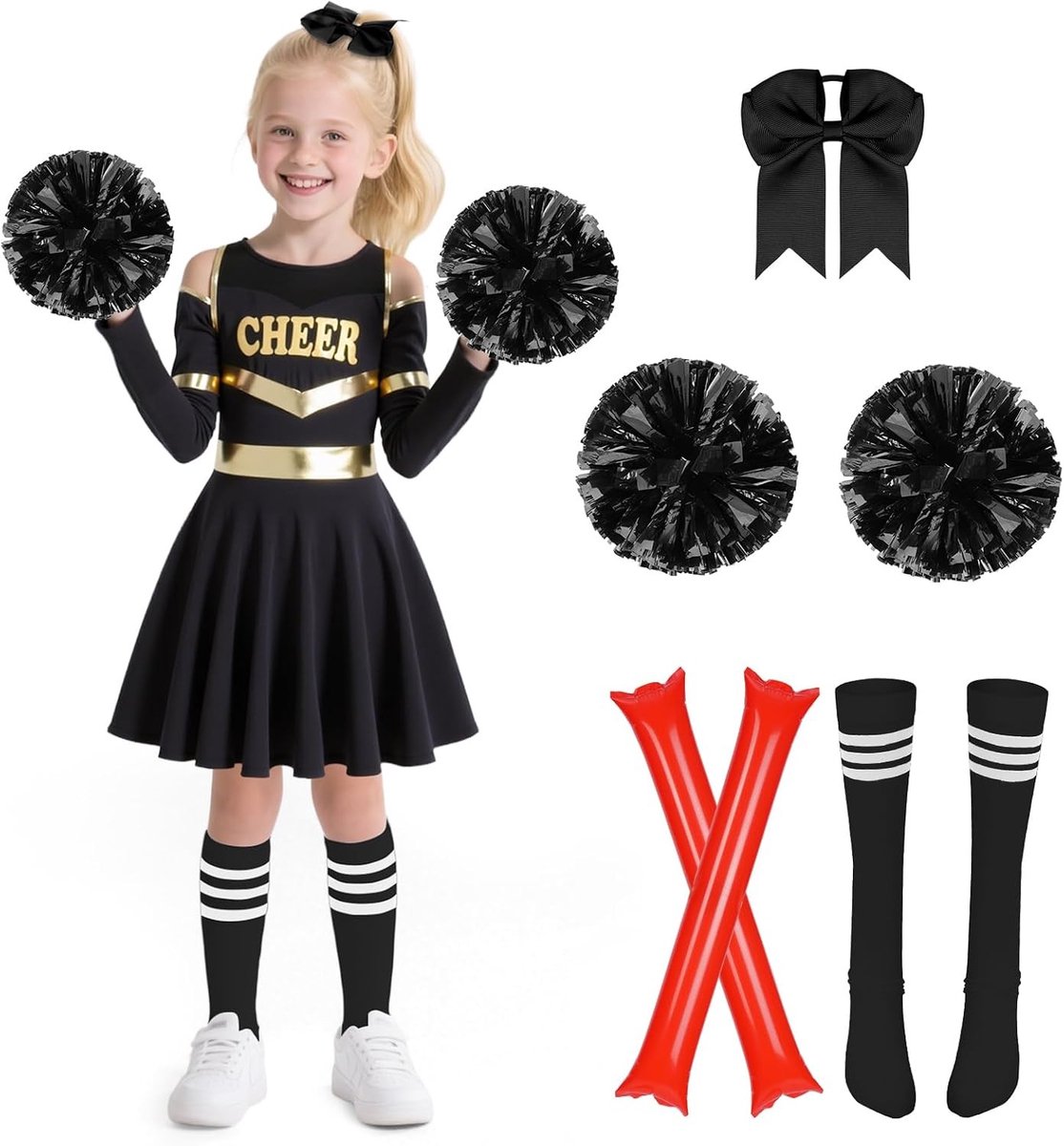 Halloween Kostuum voor Meisjes - Zombie Cheerleader Outfit met Pompoms, Sokken en Opblaasbare Stick voor Carnaval en Cosplay Feest