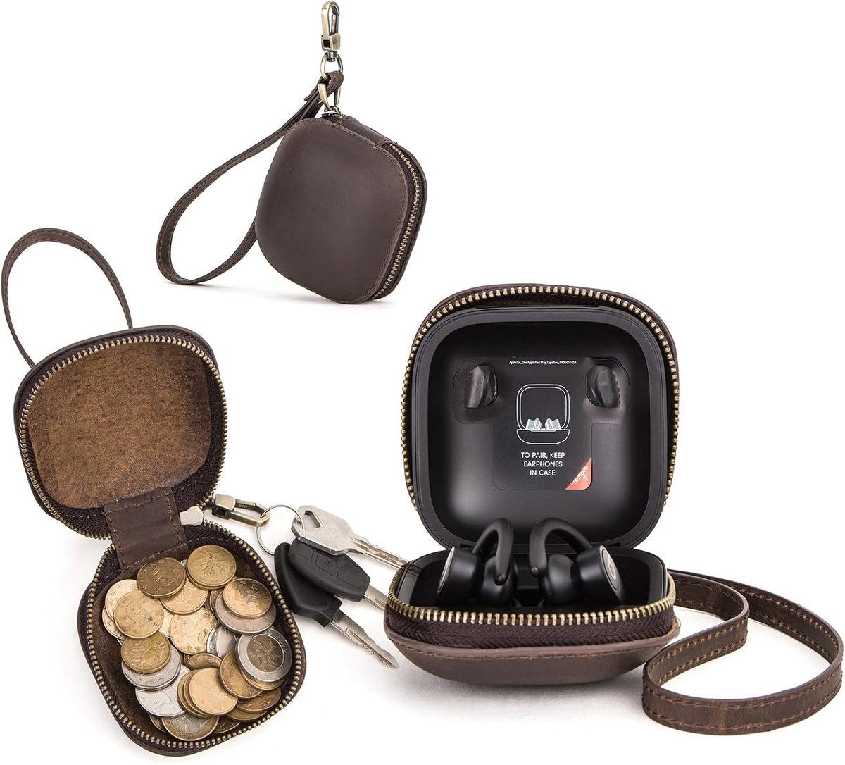 Beschermhoes voor Beats Powerbeats Pro van Echt Leer, Draagbare Case met Polsband en Sleutelhanger (Koffiebruin) - Ideaal voor Reizen en Bescherming