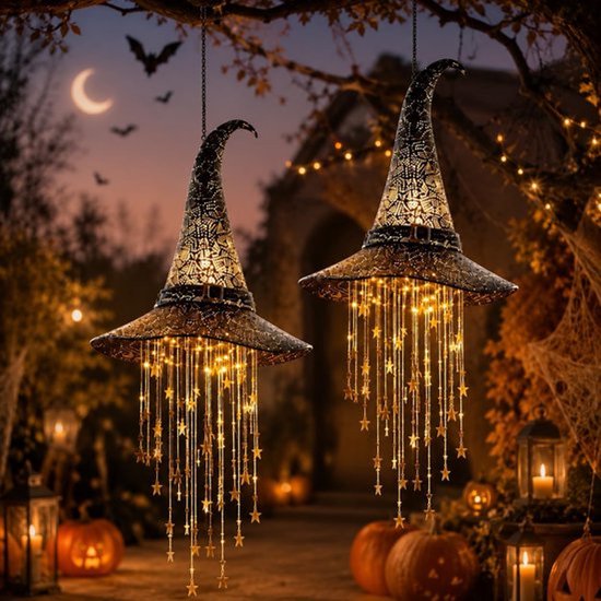 2 Stuks Hangende Halloween Decoratie Lichtgevende Heksenhoed Heksenhoedornament Sterrenkwastje Hangend Tovenaarshoedornament Halloweenversieringen Halloween Cadeaus Creeer Magisch Licht Geschikt voor Veranda Of Terras