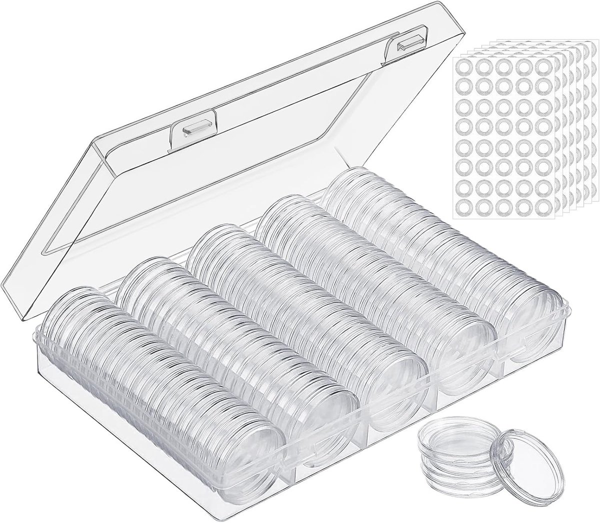 30mm muntcapsules met 5 maten schuimringen, plastic munthouder voor verzamelaars, beschermende muntenbox voor het organiseren van munten en albums