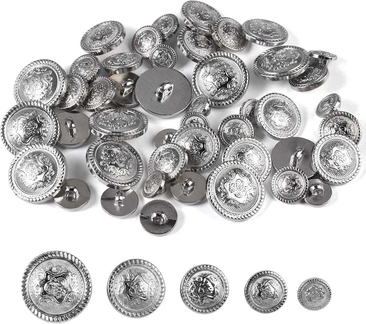 50 Stuks Zilveren Vintage Blazerknoopset, Antieke Zilveren Knopen Kunststof | Knopen Rond Antiek Zilver, 5 Maten 12,5 mm 15 mm 18 mm 21 mm 25 mm, Decoratieve Knoppen, voor Blazer, Jassen, Uniform, Mantel
