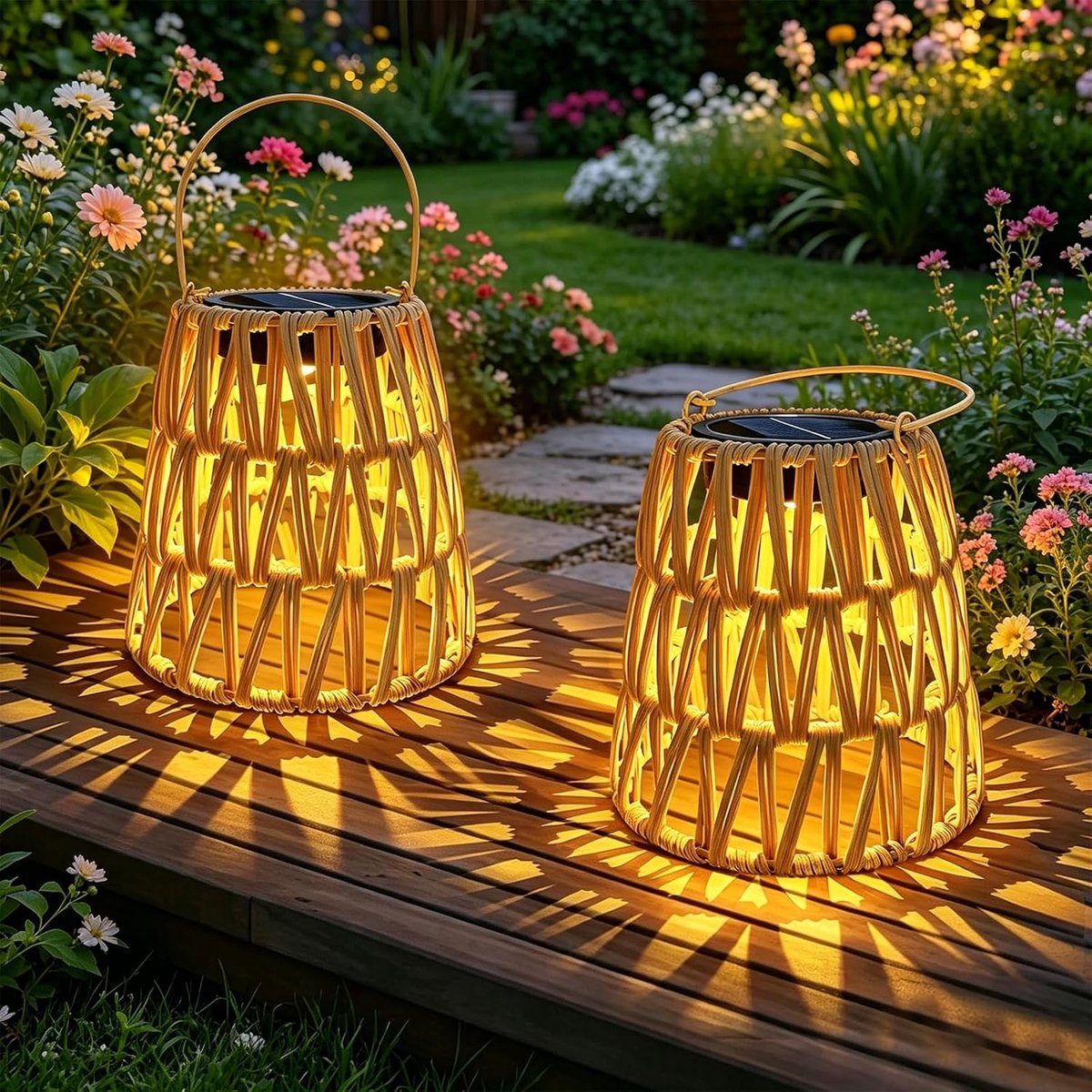 Zonnelampen voor buiten, hangen/staand, 2 stuks, handgeweven rotan lantaarns op zonne-energie voor buiten, IP65 waterdicht, voor buiten, tuin, gazon en terras, balkondecoratie, cadeau